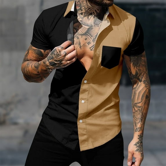 Vivianyo HD Short Sleeve Shirt for Men Men Casual Fashion Patchwork Turndown Collar Printing Short Sleeve Have Pockets Button Shirt Tops Blouse