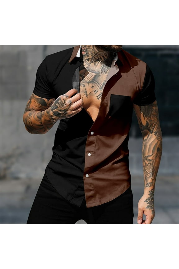 Short Sleeve Shirt for Men Men Casual Fashion Patchwork Turndown Collar Printing Short Sleeve Have Pockets Button Shirt Tops Blouse