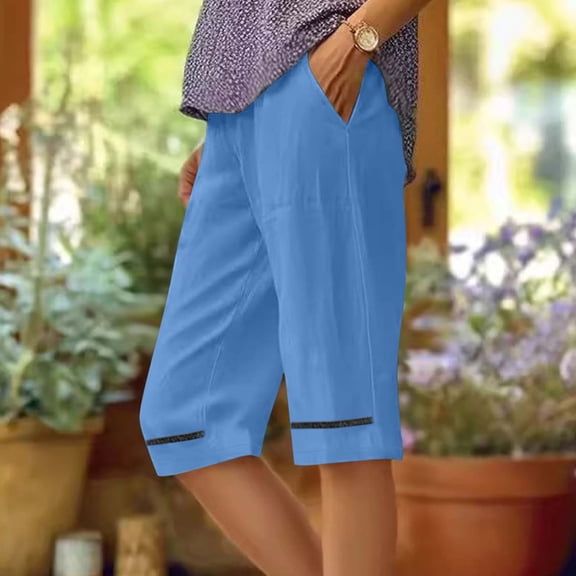 Vivianyo HD Shorts for Women Summer Clearance Women's Summer Cotton And Linen Solid Color Pockets Solid Color Elastic Waist Half Shorts Pants