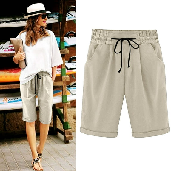 Vivianyo HD Shorts for Women Summer Clearance Women's Summer Elastic Waist Drawstring Side Pocket Solid Color Short Pants 5/4