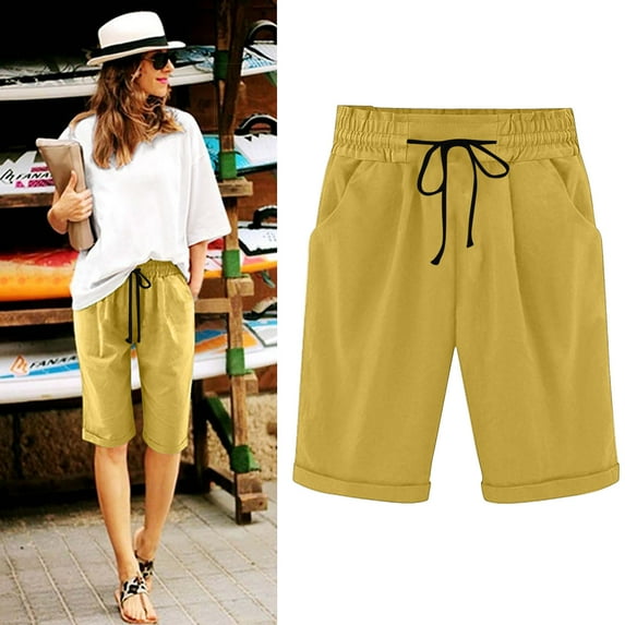 Vivianyo HD Shorts for Women Summer Clearance Women's Summer Elastic Waist Drawstring Side Pocket Solid Color Short Pants 5/4