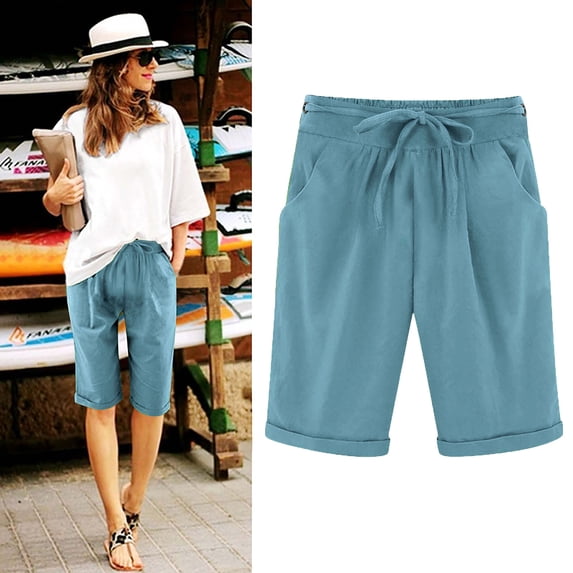 Vivianyo HD Shorts for Women Summer Clearance Women's Summer Elastic Waist Drawstring Side Pocket Solid Color Short Pants 5/4