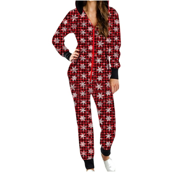 Vivianyo HD Sleepwear for Women Women's Fashion Casual Hooded Pajamas Plaid Print Christmas Romper Homewear Rollbacks Red