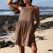 Vivianyo HD Sleeveless Maxi Dress for Women Womens Fashion Casual Comfort Solid ColorBack Hollowed Out Button Sleeveless Round-Neck Dress