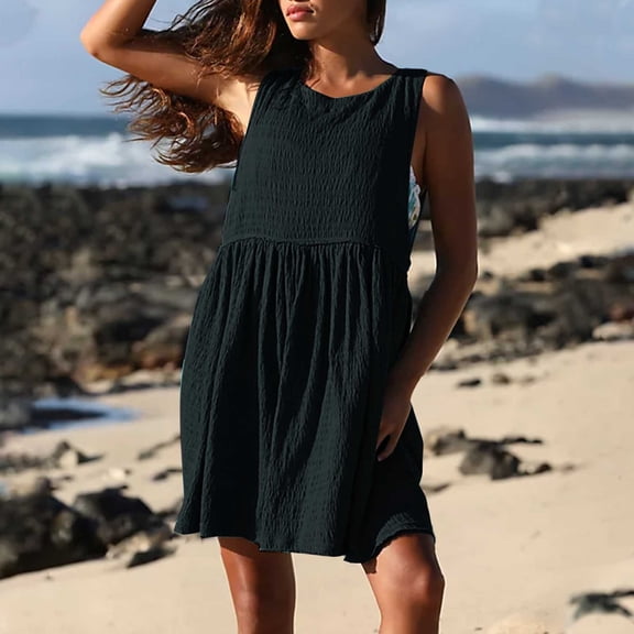 Vivianyo HD Sleeveless Maxi Dress for Women Women's Fashion Casual Comfort Solid ColorBack Hollowed Out Button Sleeveless Round-Neck Dress