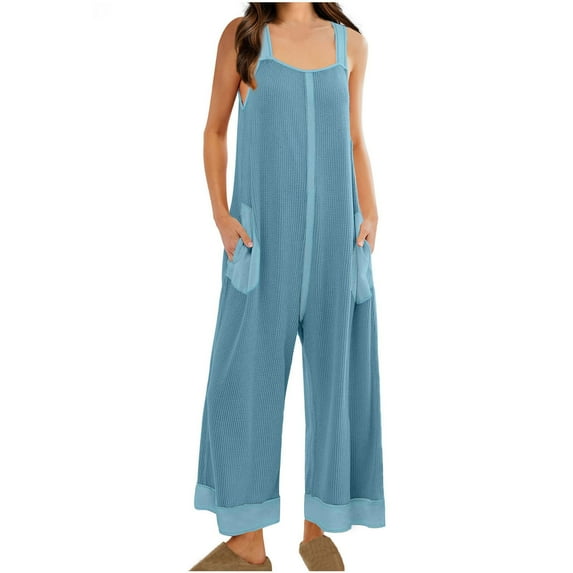 Vivianyo HD Sleeveless One Pieces Jumpsuit for Women Women's Fashion Solid Color Loose Adjustable Sleeveless Double Pocket Overalls Wide Leg Jumpsuit Overalls