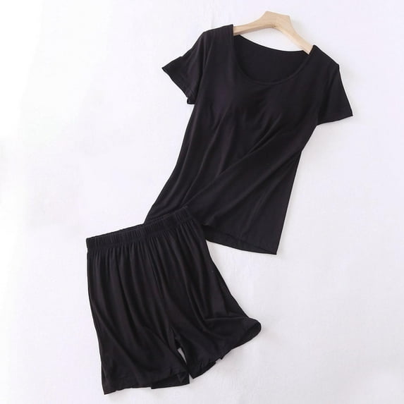 Vivianyo HD Summer Trendy Women's Tops and Shorts Co-ord Set Women's Solid Color Round Neck Short-sleeved Top With Chest Pad One Shorts Home Wear Set