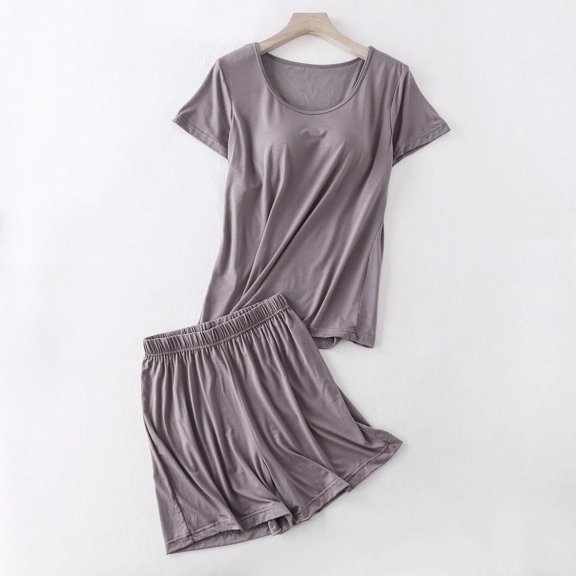 Vivianyo HD Summer Trendy Women's Tops and Shorts Co-ord Set Women's Solid Color Round Neck Short-sleeved Top With Chest Pad One Shorts Home Wear Set