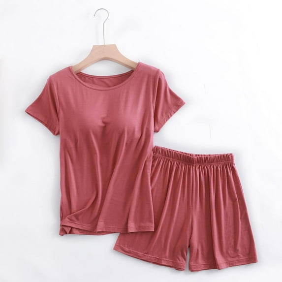 Vivianyo HD Summer Trendy Women's Tops and Shorts Co-ord Set Women's Solid Color Round Neck Short-sleeved Top With Chest Pad One Shorts Home Wear Set