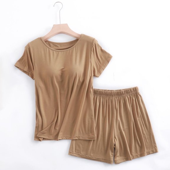 Vivianyo HD Summer Trendy Women's Tops and Shorts Co-ord Set Women's Solid Color Round Neck Short-sleeved Top With Chest Pad One Shorts Home Wear Set