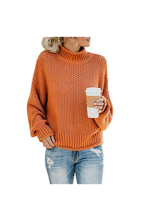 Sweaters for Women Clearance Plus Size Women's Casual Solid O-Neck Tops Knitting Long Sleeves Pullover Sweater Rollbacks Orange