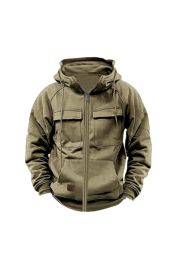 Tactical Hoodies for Men Zip Cargo Pullover Hoodies Workout Gym Sweatshirt Outdoor Military Hoodies Pockets Khaki