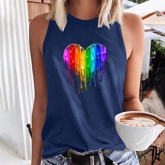 Vivianyo HD Trendy Women's Sleeveless Tank Tops Women's Sleeveless Summer Sexy Tops Regular Round Neck Love Printing Sleeveless Tops