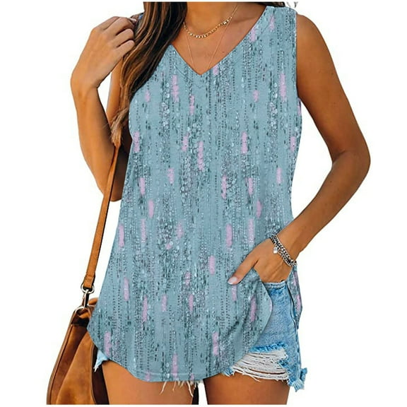 Vivianyo HD Trendy Women's Sleeveless Tank Tops Womens Print Tank Tops V-Neck Basic Casual Flowy Summer Sleeveless T-Shirt