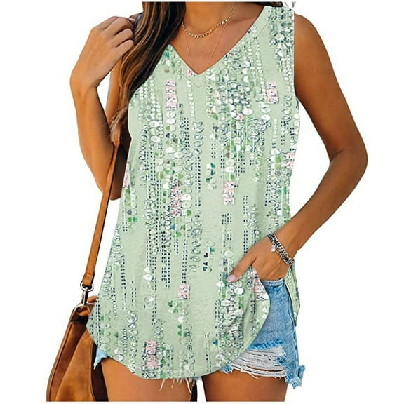 Vivianyo HD Trendy Women's Sleeveless Tank Tops Womens Print Tank Tops V-Neck Basic Casual Flowy Summer Sleeveless T-Shirt