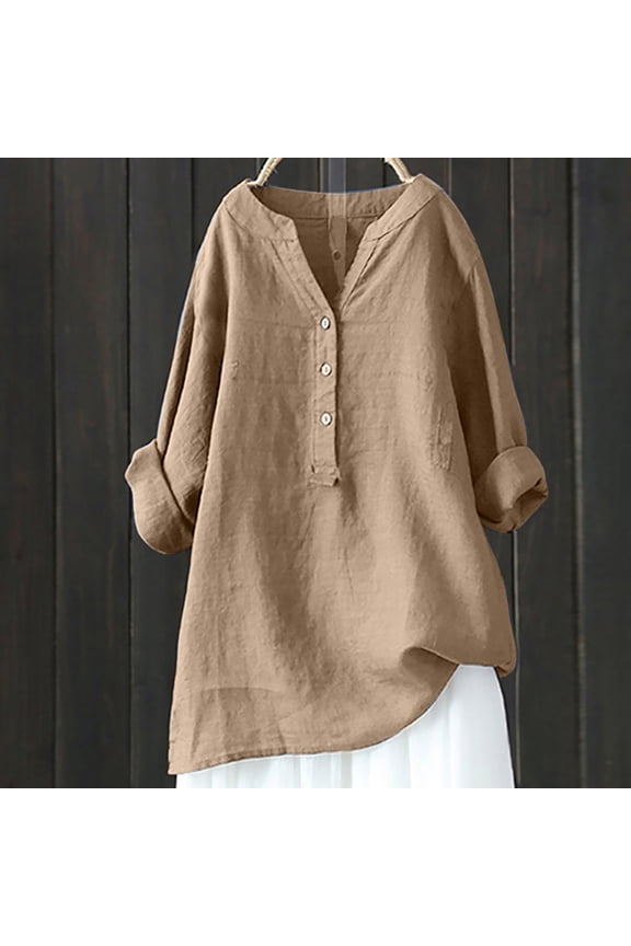 Tunic Tops for Women Summer Plus Size V-Neck Solid Long Sleeve Casual Loose Button Cotton and Linen Blouse