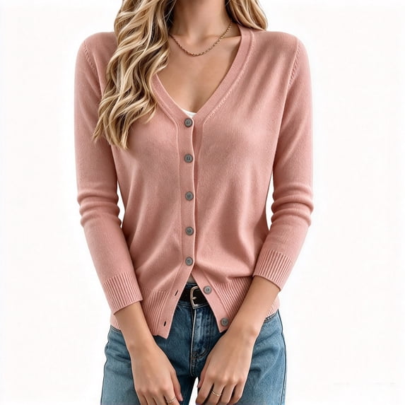 Vivianyo HD V Neck Cardigan Sweaters for Women, Long Sleeve Button Down Fall Sweaters for Women, Size XS-XL