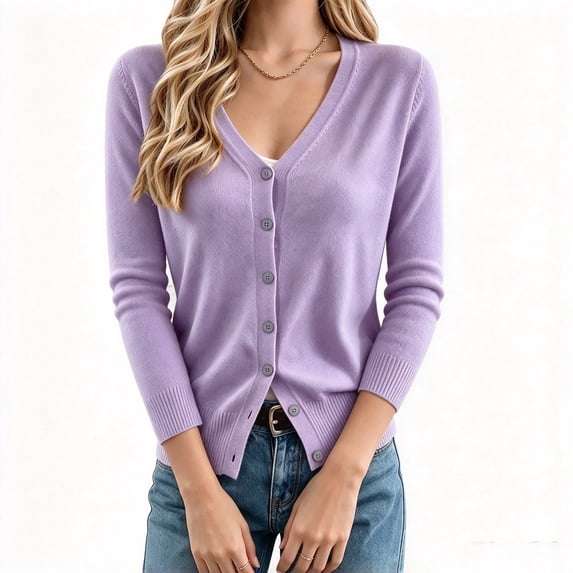 Vivianyo HD V Neck Cardigan Sweaters for Women, Long Sleeve Button Down Fall Sweaters for Women, Size XS-XL
