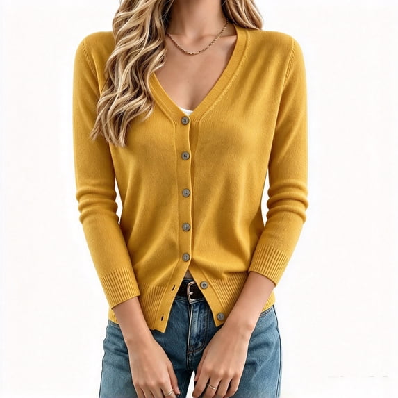 Vivianyo HD V Neck Cardigan Sweaters for Women, Long Sleeve Button Down Fall Sweaters for Women, Size XS-XL