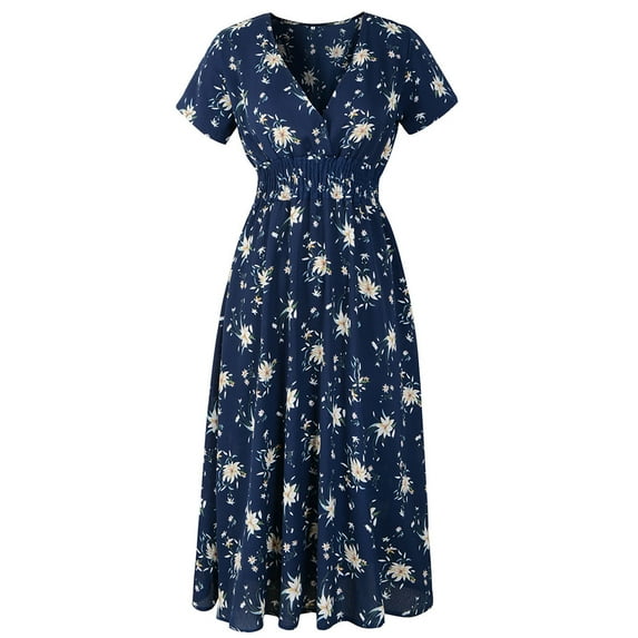 Vivianyo HD Vacation Dresses for Women 2024 Casual Loose Floral Printing Sexy Hip Wrap V-Neck Beach Skirt Short Sleeved Bohemian Tunic Mini Dress