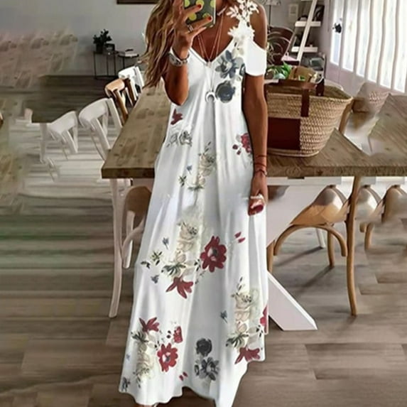 Vivianyo HD Vacation Dresses for Women Plus Size Summer Lace Suspender Off-The-Shoulder V-Neck Fashion Print Loose Dress Suspender V-Neck Dress