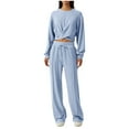 thumbnail image 1 of Vivianyo HD Women 2 Piece Outfits Sweatsuit Set Twist Front Cropped Sweatshirt Wide Leg Sweatpant Lounge Set Tracksuit Light Blue, 1 of 6