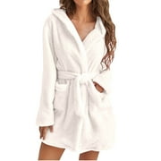 Vivianyo HD Women Fleece Hooded Bathrobe，Plush Long Robe White