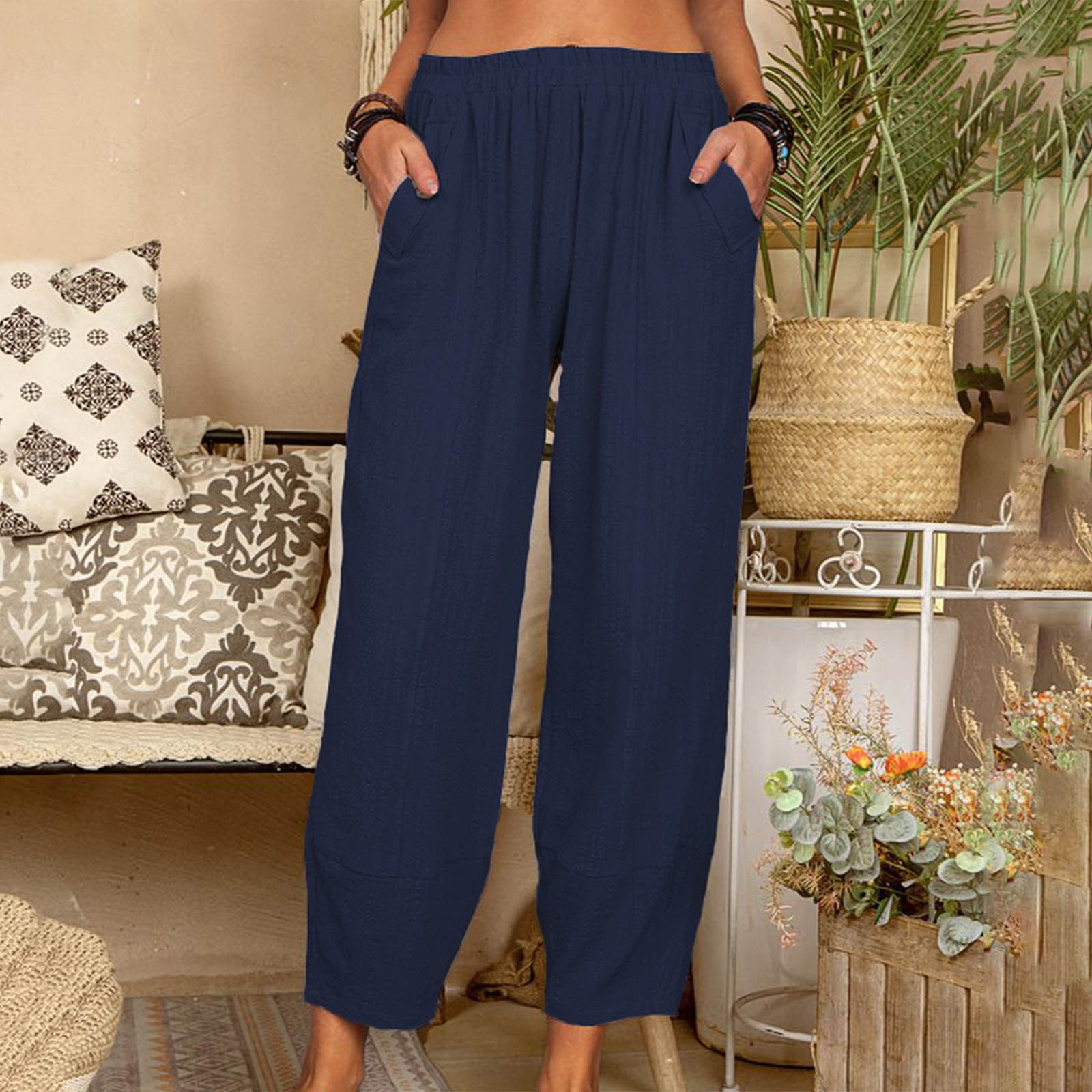 Navy Blue Linen Women Pants Wide Legs Pants Elastic Waist Plus Size Pants  Loose Style Pants 