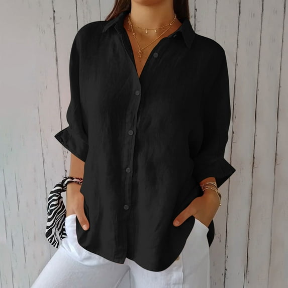 Vivianyo HD Women'S Plus Size Tops Solid Color Casual Cotton and Linen Tie Back Design Fashion Button Shirt Tops Clearance