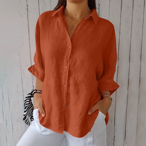 Vivianyo HD Women'S Plus Size Tops Solid Color Casual Cotton and Linen Tie Back Design Fashion Button Shirt Tops Clearance