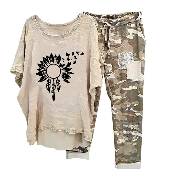 Vivianyo HD Women Short Tops Sets Women's Print Crewneck Half Sleeve Pullover Shirt Tops + Pants Trousers Set Flash Picks Khaki