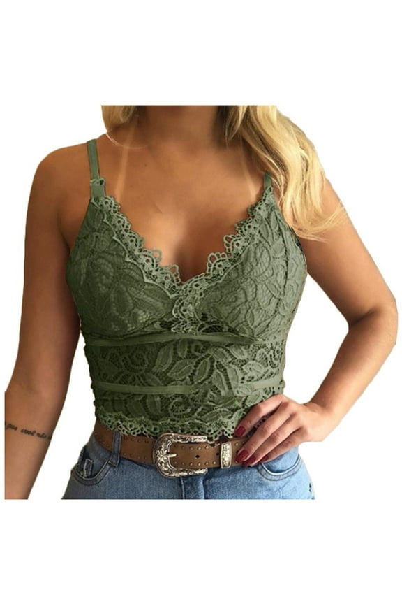 HD Women Spaghetti Strap Lace Crop Camisole Sleeveless V Neck Cami Top Soft Sexy Casual Lace Crochet Cami Green
