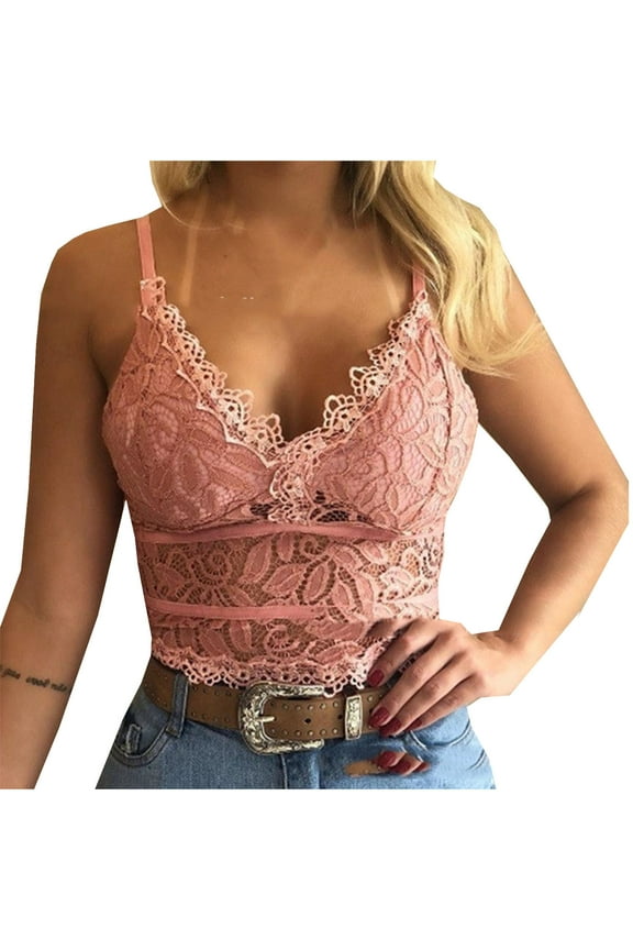 HD Women Spaghetti Strap Lace Crop Camisole Sleeveless V Neck Cami Top Soft Sexy Casual Lace Crochet Cami Pink