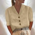 thumbnail image 1 of Vivianyo HD Women Top Clothes Plus Size Women Mid-Sleeve Casual V-Neck Solid Color Loose Button Shirt Blouse Tops Flash Picks Khaki, 1 of 6