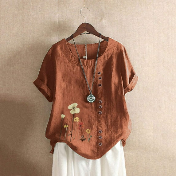Vivianyo HD Women Top Clothes Plus Size Women Short Sleeve Casual Round Neck Printed Loose Button Tunic Shirt Blouse Tops Flash Picks Brown
