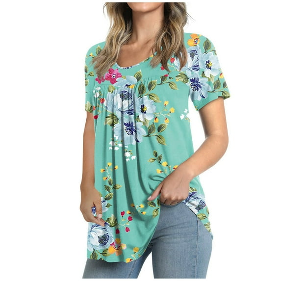 Vivianyo HD Women Top Clothes Plus Size Women's Crew-Neck Short Sleeve Print Tops Hide Belly Tunic Shirts Dressy Casual Flowy Blouse Flash Picks Mint Green