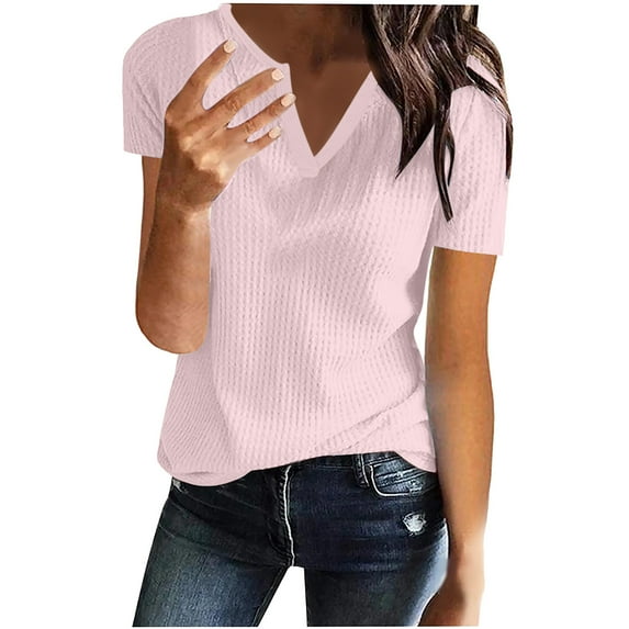 Vivianyo HD Women Top Clothes Plus Size Women's Fashion Solid Color V-neck Comfortable Loose T-shirt Short Sleeve Blouse Casual Tops Flash Picks Pink