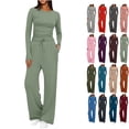 thumbnail image 1 of Vivianyo HD Women's 2-Piece Casual Outfit, Long Sleeve Ruched Crew Neck Top and Wide Leg Pants Loungewear Set, Women's Dark Gray-b, Sizes S-2XL, 1 of 10