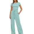 thumbnail image 1 of Vivianyo HD Women's 2-Piece Casual Outfit, Short Sleeve Ruched Crop Top and Wide Leg Pants Loungewear Set, Women's Light Blue, Sizes S-2XL, 1 of 7