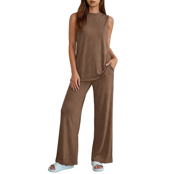 Vivianyo HD Women's 2-Piece Casual Outfit, Sleeveless Mock Neck Top and Wide Leg Pants Loungewear Set, Women's Coffee, Sizes S-2XL