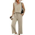 thumbnail image 1 of Vivianyo HD Women's 2-Piece Casual Outfit, Sleeveless V-Neck Top and Cropped Wide Leg Pants Loungewear Set, Women's Khaki, Sizes S-2XL, 1 of 9