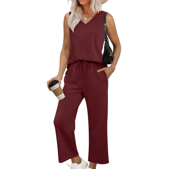 Vivianyo HD Women's 2-Piece Casual Outfit, Sleeveless V-Neck Top and Cropped Wide Leg Pants Loungewear Set, Women's Red, Sizes S-2XL