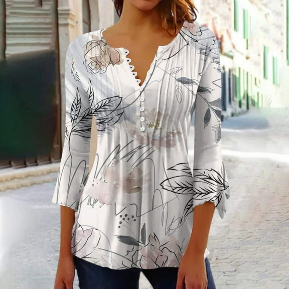 Vivianyo HD Women's 3/4 Sleeve Blouse Women Fashion Printed Casual V-Neck Short Sleeve Loose T-Shirt Blouse Tops