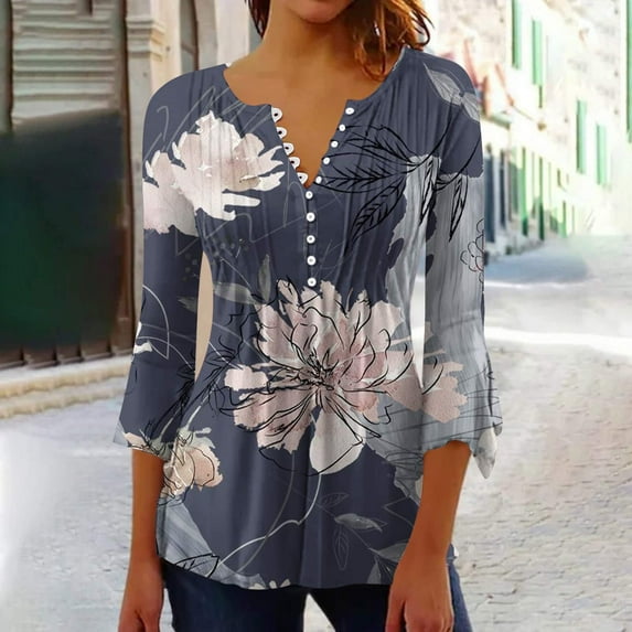 Vivianyo HD Women's 3/4 Sleeve Blouse Women Fashion Printed Casual V-Neck Short Sleeve Loose T-Shirt Blouse Tops