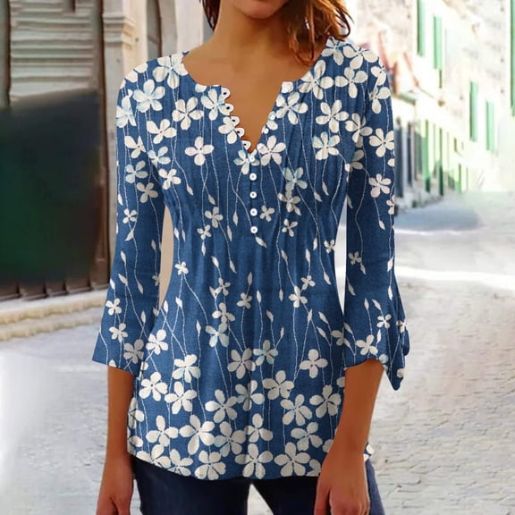 Vivianyo HD Women's 3/4 Sleeve Blouse Women Fashion Printed Casual V-Neck Short Sleeve Loose T-Shirt Blouse Tops