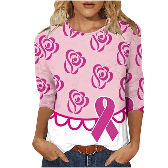 Vivianyo HD Women's 3/4 Sleeve Graphic Print Top, Straight Hem Crew Neck Pullover Blouse, Casual Tee for Charity Event and Daily Social Gathering, Sizes S-5XL