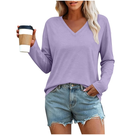 Vivianyo HD Women's Basic V Neck Solid Long Sleeve Tees, Fall Winter Soft Everyday Casual Pullover Top for Women, Women's Purple, Sizes S-2XL