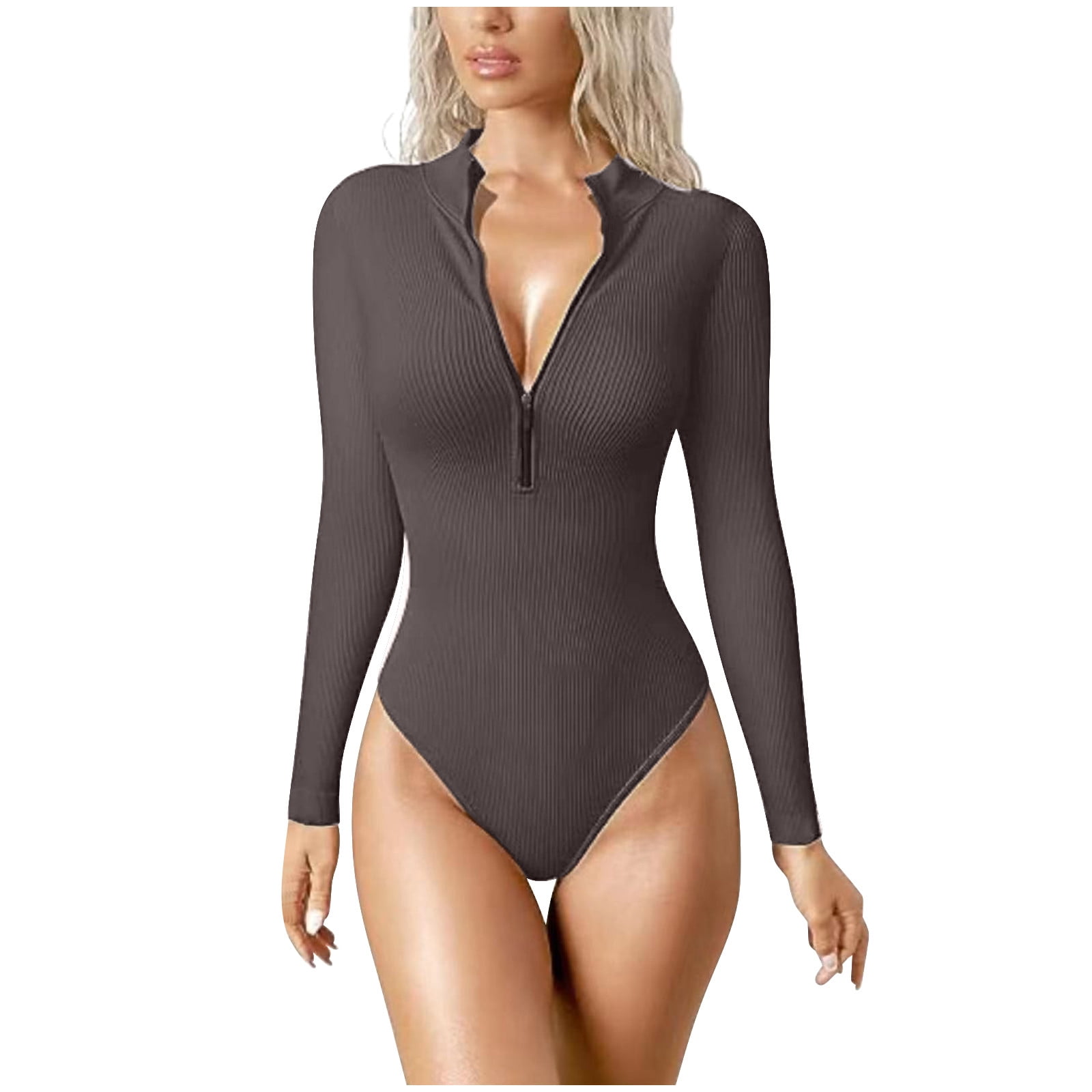 Vivianyo HD Women's Bodysuits Ribbed One Piece Zip Front Vivianyo HD Women's Bodysuits Ribbed One Piece Zip Front