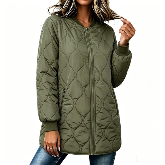 Vivianyo HD Women's Bomber Collar Long Quilted Jacket, Long Sleeve Lightweight Zip Up Winter Coat with Pockets, Sizes S-2XL