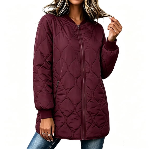 Vivianyo HD Women's Bomber Collar Long Quilted Jacket, Long Sleeve Lightweight Zip Up Winter Coat with Pockets, Sizes S-2XL